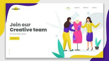 Female designer produces a modern dress for Join Our Creative Team concept based landing page design. vector