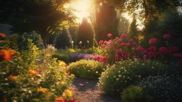 generativo ai, hermosa verano privado jardín con muchos flores y plantas, naturaleza paisaje, Inglés campo cabaña estilo foto