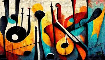 , Street art with keys and musical instruments silhouettes. Ink colorful graffiti art on a textured paper vintage background, inspired by Banksy photo