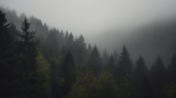 , Misty fir forest beautiful landscape in hipster vintage retro style, foggy mountains and trees photo