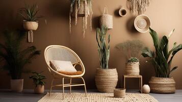 , Eco wooden room with plants with natural furniture, boho ethnic chic style interior design photo