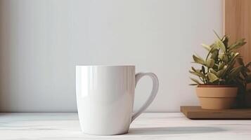 generativo ai, blanco cerámico taza configuración en a hogar interior, jarra burlarse de arriba blanco. foto