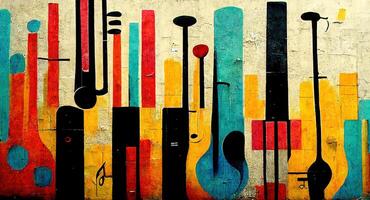 , Street art with keys and musical instruments silhouettes. Ink colorful graffiti art on a textured paper vintage background, inspired by Banksy photo