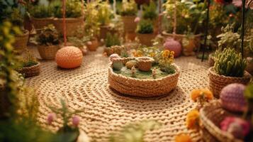 , cute garden made of crochet, plants, trees, flowers. Soft colors, dreamy scene landscape made of crochet materials, wool, fabric, yarn, sewing for background photo