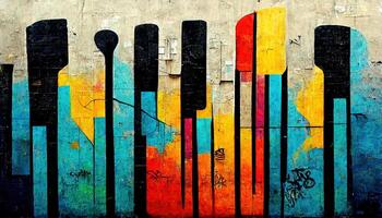 , Street art with keys and musical instruments silhouettes. Ink colorful graffiti art on a textured paper vintage background, inspired by Banksy photo