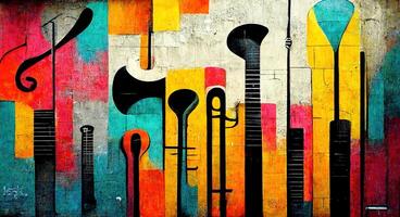 , Street art with keys and musical instruments silhouettes. Ink colorful graffiti art on a textured paper vintage background, inspired by Banksy photo