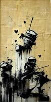 , Ink black street graffiti art on a textured paper vintage background, inspired by Banksy. Vertical poster. photo