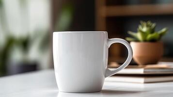 , White ceramic cup set-up in at home interior, mug mock up blank. photo