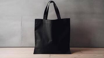 , Realistic black tote canvas fabric bag set-up in at interior or outdoor, shopper mock up blank. photo