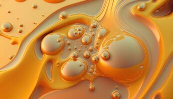 , Flowing liquid with splashes in apricot color. Glossy cream caramel fluid banner, 3D effect, modern macro photorealistic abstract background illustration. photo