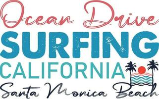 Ocean Drive Surfing California Santa Monica Beach T-shirt Design vector