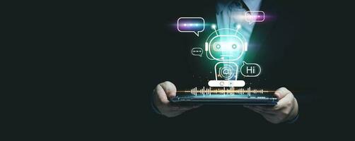 Online customer service by intelligent digital AI Chatbot application. Businessmen chat online with chat robots on a tablet. technology innovation robot, communication and answer with fast process photo