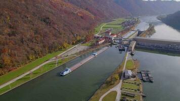 Cargo Pusher Transport Boat Traversing a Lock Moving Freight and Goods video