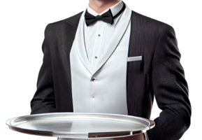 Waiter holding empty silver tray, created with png