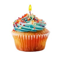 Sweet colorful birthday cupcake with candle on transparent background, created with png