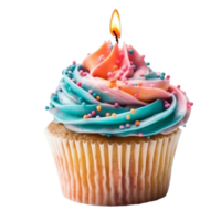 Sweet colorful birthday cupcake with candle on transparent background, created with png