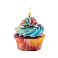 Sweet colorful birthday cupcake with candle on transparent background, created with png