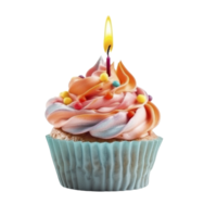 Sweet colorful birthday cupcake with candle on transparent background, created with png