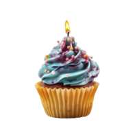 Sweet colorful birthday cupcake with candle on transparent background, created with png