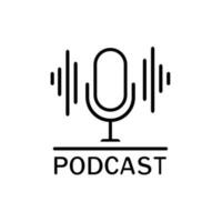 The microphone icon in a fashionable flat style is isolated against the background. Logo, application, user interface. Podcast radio icon. Studio microphone table broadcast podcast text. vector