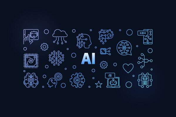 AI concept outline blue banner. Artificial Intelligence vector horizontal illustration