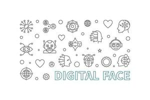 Digital Face line horizontal vector banner. AI Bot Technology illustration