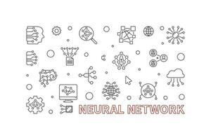 Neural Network outline horizontal banner. Vector Artificial Intelligence Technology illustration