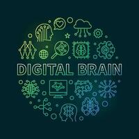 Digital Brain concept round outline colored banner - vector illustration