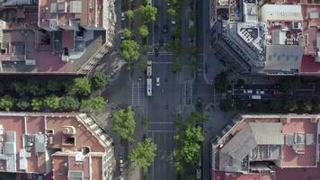 veículos dirigindo através a interseção dentro Barcelona cidade pássaro olho Visão video