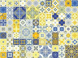 Seamless pattern with portuguese tiles. Vector illustration of Azulejo on white background. Mediterranean style. Blue and yellow design stock illustration Abstract, Antique, Backgrounds, Blue, Circle