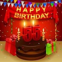 Happy 55th Birthday with chocolate cream cake and triangular flag, Vector Illustration