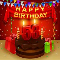 contento 53º cumpleaños con chocolate crema pastel y triangular bandera, vector ilustración
