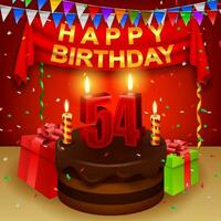 contento 54º cumpleaños con chocolate crema pastel y triangular bandera, vector ilustración