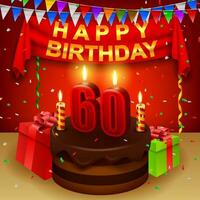 contento 60 cumpleaños con chocolate crema pastel y triangular bandera, vector ilustración