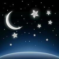 Crescent moon and stars on space background, Vector Illustration