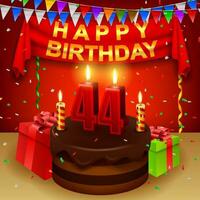 Happy 44th Birthday with chocolate cream cake and triangular flag, Vector Illustration