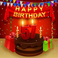 contento 57º cumpleaños con chocolate crema pastel y triangular bandera, vector ilustración