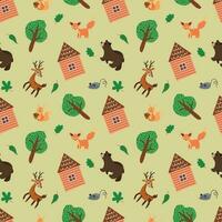 Seamless pattern with forest hut, animals and  trees. Design for fabric, textile, wallpaper, packaging. vector