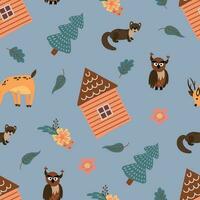 Seamless pattern with forest hut, animals and Christmas trees. Design for fabric, textile, wallpaper, packaging. vector