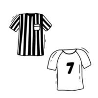 T-shirts of football player with number seven and clothes of soccer referee. Vector doodle illustration isolated on white background