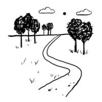 Simple hand drawn vector doodle drawing. Ink sketch. Road among nature. Path between trees