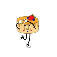 Pancake trendy character. Delicious breakfast in 60s, 70s disco style. Retro groovy mascot with syrup and fruits vector