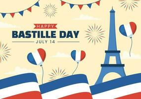 contento Bastille día en 14 julio vector ilustración con francés bandera y eiffel torre en plano dibujos animados mano dibujado para aterrizaje página plantillas