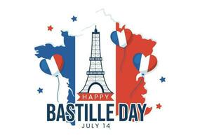 contento Bastille día en 14 julio vector ilustración con francés bandera y eiffel torre en plano dibujos animados mano dibujado para aterrizaje página plantillas