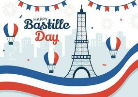 Happy Bastille Day on 14 july Vector Illustration with French Flag and Eiffel Tower in Flat Cartoon Hand Drawn for Landing Page Templates