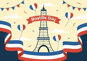 contento Bastille día en 14 julio vector ilustración con francés bandera y eiffel torre en plano dibujos animados mano dibujado para aterrizaje página plantillas