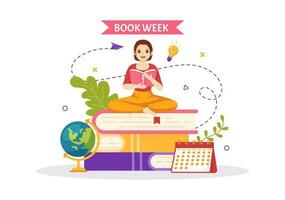 Book Week Events Vector Illustration with People Reading or Students Study Textbooks in Flat Cartoon Hand Drawn Landing Page Templates