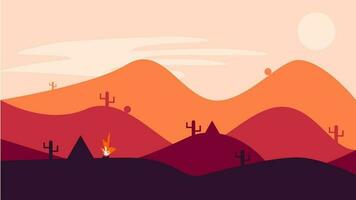 camping in the desert ilustration. monochrome desert ilustration. bonfire and camp on the mountain ilustration. desert background. vector