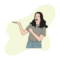 un mujer con largo pelo es recepción alguna cosa con su Derecha mano y señalando vector