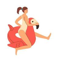Girl in swimsuit is sitting on an inflatable circle in form of ping flamingo. Colorful rubber inflatable stylish modern swimming ring for children and adults. Vector illustration.